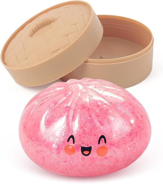 Glitter Dumpling Squishy with Steamer, Pink Squishy Dumplings Sensory Fidget Toy, Squeeze Toys for Relaxation