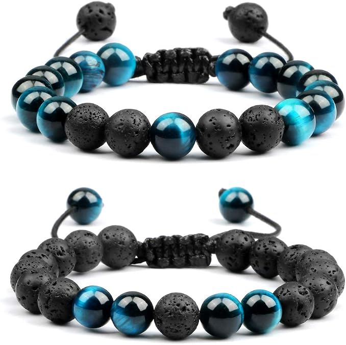 Tiger Eye Lava Rock Bracelet for Men and Women, 8mm Natural Tiger Eye Beads Stone Adjustable Bracelet Aromatherapy Essential Oil Diffuser Lava Bracelet Gifts for Men