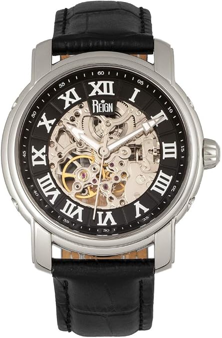 Reign Kahn Automatic Skeleton Dial Leather-Band Watch, Black, REIRN4304