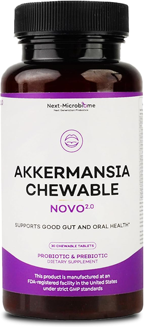 Chewable Akkermansia Probiotic and Prebiotic Supplement NOVO 2.0 with HMO, Supports Gut and Oral Microbiome, Supplements for Digestive Health and Skin Vitality, Targeted Delivery, 30 Tablets