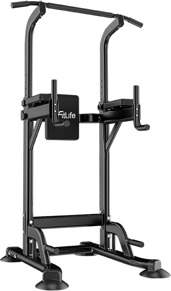 DH FitLife Power Tower Dip Station | Pull Up Bar with Backrest & Dip Bars | 10-Level Adjustable up to 230cm | Extra-Long Armrests & Padded Backrest | Stable H-Shaped Base | Home Gym Strength Training