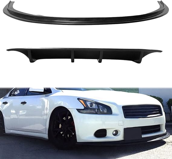Front Bumper Lip & Rear Diffuser, Compatible with 2009-2015 Nissan Maxima, Unpainted Black Flexible Polyurethane(PU) MDA Style Spoiler Auto Parts