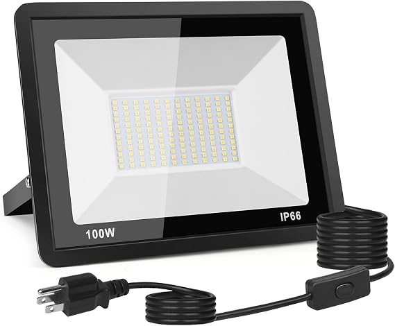 100W LED Flood Light Outdoor, 10000LM Bright Plug-in Flood Lights with Switch, IP66 Waterproof Exterior Security Lights, LED Work Light for Garage, Yard, Garden, Playground, Stadium, Arena