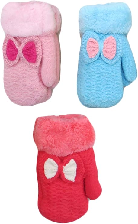 Infant-Toddler 2-3 Years Soft And Warm Fuzzy Interior Lined Mittens 6-Pack (3-5, Bow Pink Blue Fuchsia)