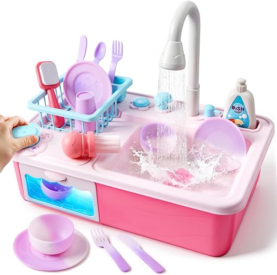 JOVA Lalalark Play Sink with Running Water, Color Changing Play Kitchen Sink Toys, Electric Dishwasher, Chopping Sounds & Automatic Water Cycle System, Water Table Gifts for Boys Girls, Pink