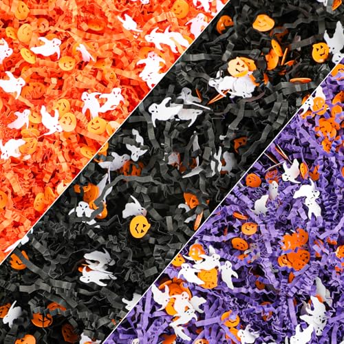 FOIMAS Halloween Crinkle Cut Paper,9.87oz Black Orange Purple Shred Raffia Paper with Pumpkin Ghost Confetti for Trick or Treat Halloween Bakset Gift Packaging Supply