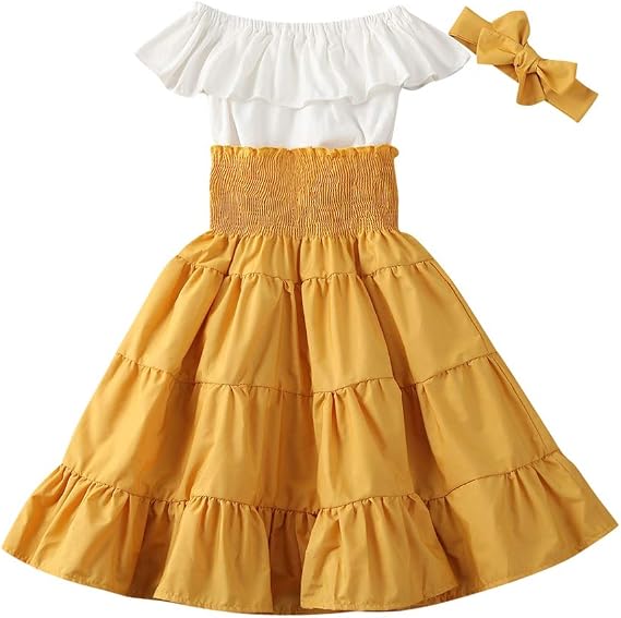 Toddler Kids Baby Girl Summer Clothes Ruffle Off Shoulder Crop Top High Waist Pleated Skirt Headband 3Pcs Outfit Set