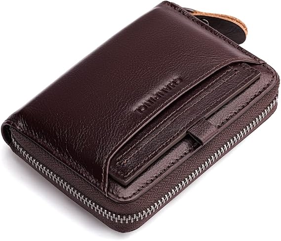 Mens Genuine Leather Zipper Wallet RFID Secure Large Capacity Multi-card Leather Wallets for Men and Extract card (Vegetable tanned leather brown)