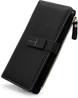 Wallet for Women, Ladies Leather Slim Wallets Card Holder, Large Capacity Bifold Clutch Purse with Zipper Pocket Black