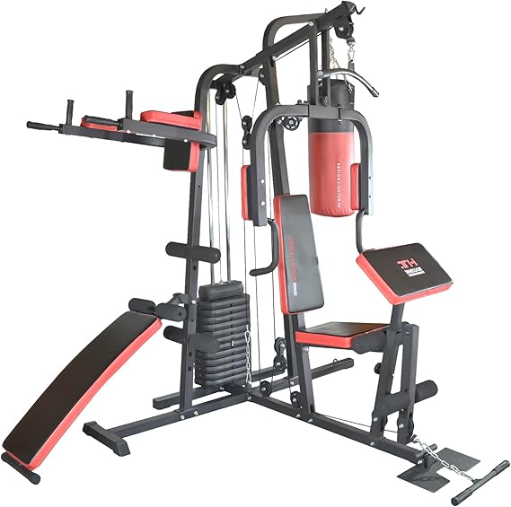 TrainHard® Multistation Fitness Station Home Gym 65 kg Weights Including Dip Station Leg Lift Extendable With Sit-up Bench Stepper Push Up Bar Punch Bag With Holder Speed Ball Platform