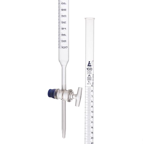 EISCO Burette, 100mL - Class A, DIN 385 Compliant, Borosilicate Glass with Glass Key Stopcock, 0.20mL Graduations