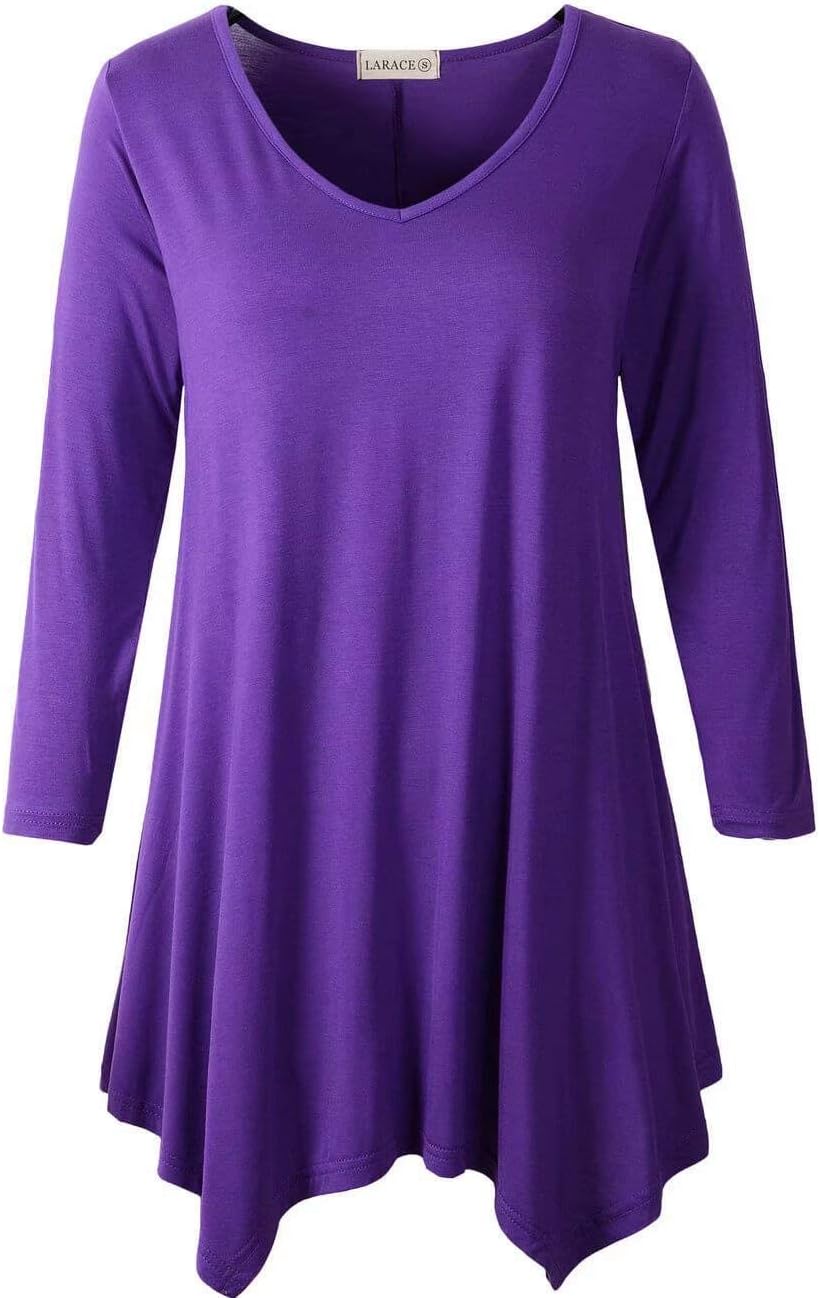 LARACE Plus Size Tops for Women Tunic Asymmetrical Dress Shirts 34 Sleeve V Neck Flowy Ladies Clothes for Leggings