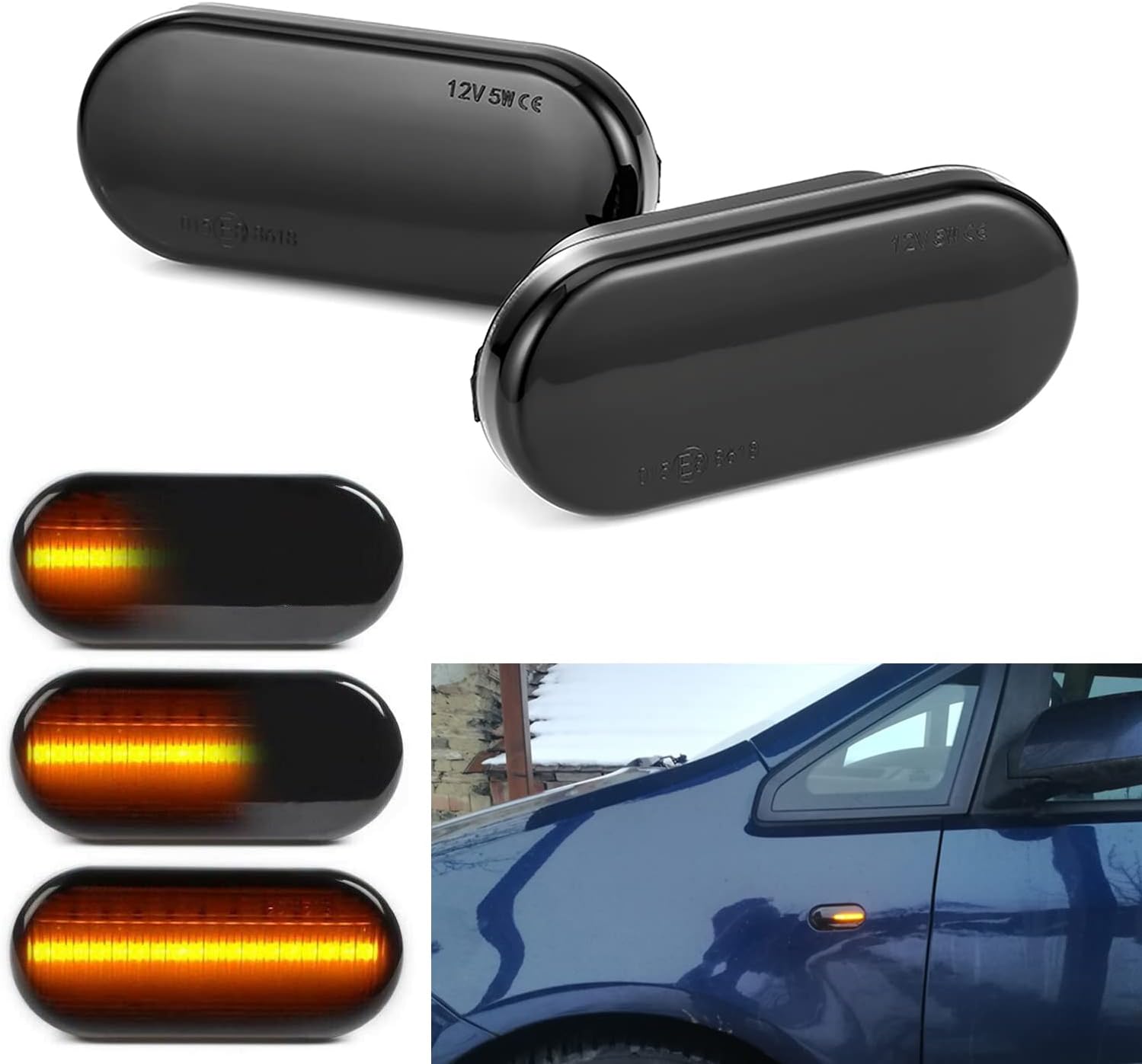 2Pcs Smoked Lens Amber LED Dynamic Side Marker Lights Turn Signal Blinker Indicator Lamp Compatible with Volkswagen Jetta MK4 Golf GTI R32 Passat B5 Sequential Amber Blinker Light