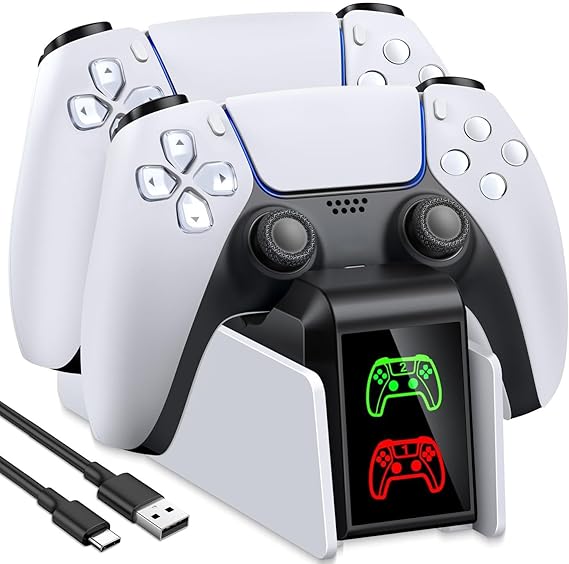 PS5 Charging Station, 2H Fast Controller Charger for PlayStation 5 DualSense, Upgrade PS5 Charging Dock with 2 Types of Cable, White