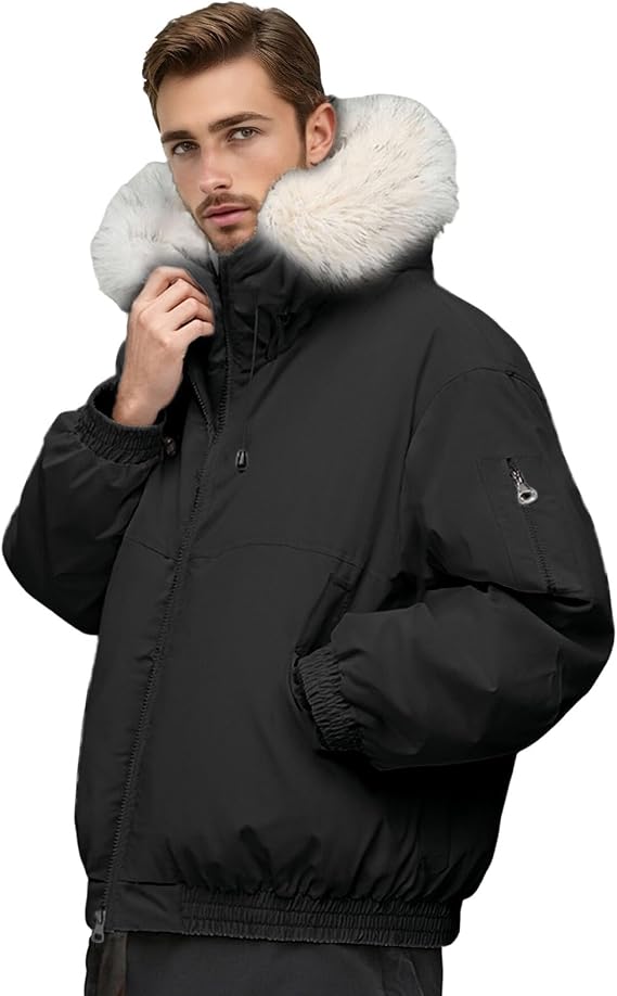 Winter Jacket Men's Warm Quilted Jacket with Hood Elegant Short Plain Winter Coat Windproof Durable Jacket with Fur Hood Outdoor Cotton Jacket Warm Puffer Jacket with Pockets