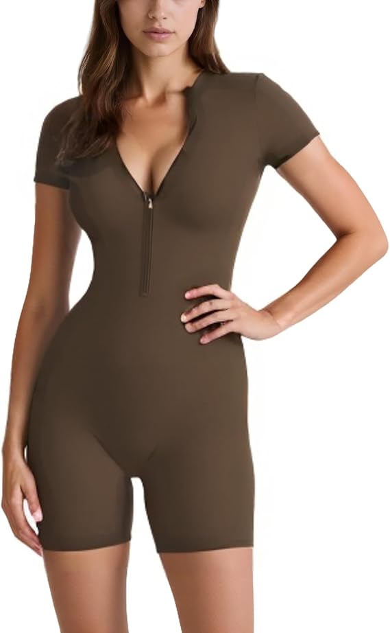 Women Short Sleeve Workout Jumpsuit Zip Up Romper Bottom Shorts Bodysuit Bodycon Sexy One Piece