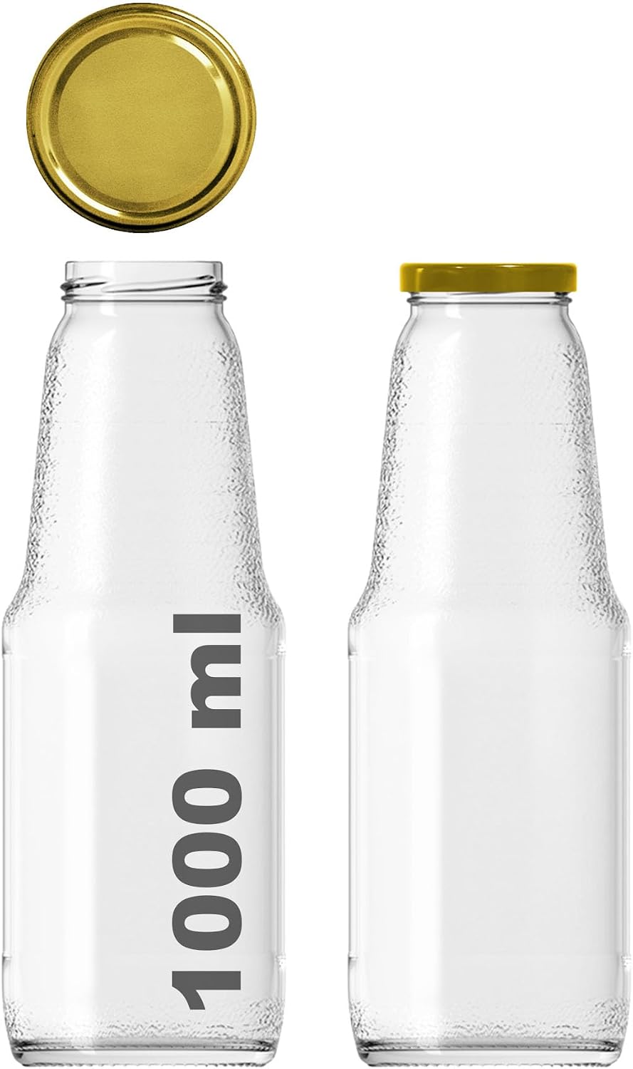 1000 ml Şeffaf Meyve Suyu Şişesi, Meşrubat, Limonata Şişesi Metal Kapaklı 1000 Cc Boş Cam Şişe (2, Altın Kapak, 1000, Mililitre)