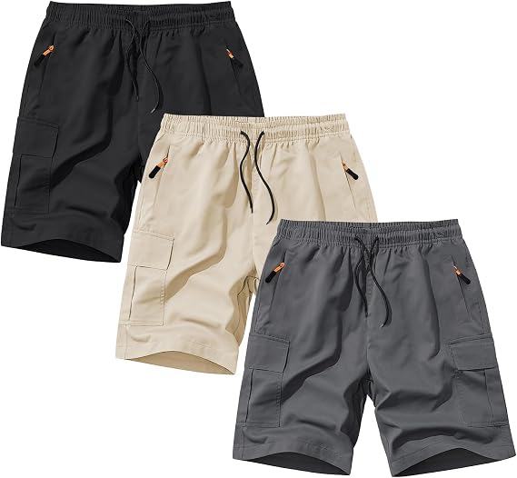 Boys Cargo Shorts Athletic Quick Dry with Zipper Pockets, 3 Pack