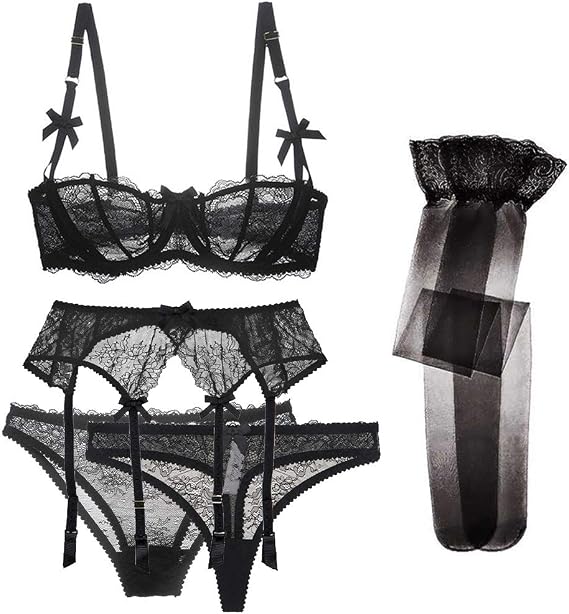 Unlined Half Cup See-Through Balconette Bra Panty Thong Garter Stocking 5pcs for Women