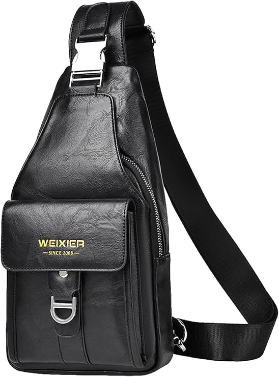 Sling Bag for Men Leather Chest Bag Waterproof Shoulder Bags Casual Lightweight Bag Mobile Phone Crossbody for Hiking Cycling Camping (Black 1)