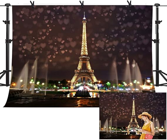 10x7Ft Eiffel Tower Backdrop Paris Landmark Fountain Night Scene Romantic Background Video Studio Photo GEME612