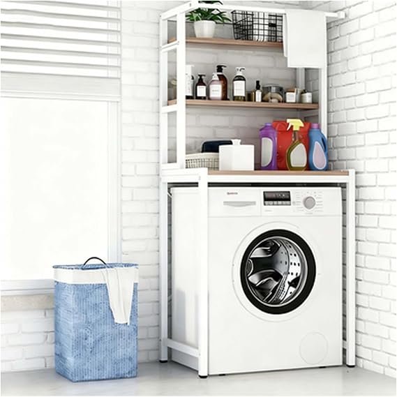 Upper Structure of Washing Machine:3-Tier Storage Cabinet & Shelf Over Washer/Dryer with Hanging Rod for Laundry Room Organization(A,White_Three Layers)