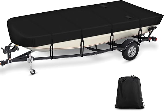 Jon Boat Cover 14-16 ft, 900D Oxford Cloth Waterproof Heavy Duty Jon Boat Waterproof Trailerable Boat Covers with Windproof Straps, Jon Boat Beam Width up to 75 inch, Black