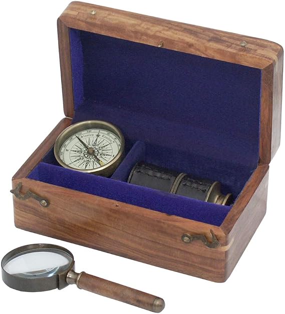 Antique Old World Maritime Navigation Set with Travel Telescope, Compass, Magnifying Glass in Rosewood Storage Box