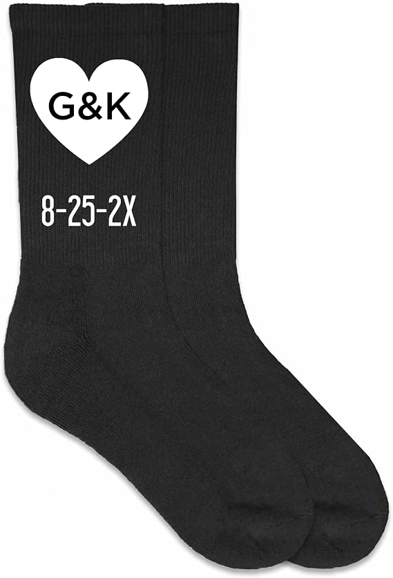 sockprints Groom Socks with Initials and Wedding Date Heart Design - Cotton Second Anniversary Socks - Husband Gift - Personalized for Wedding Day in Black - Size Large