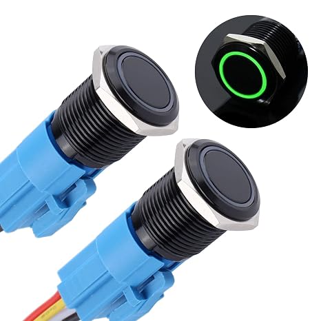 2PCS 16mm Metal Waterproof Anti-Vandal Latching Push Button Switch Self-Locking Black Shell with Pre-Wired Socket for 5/8" Mounting Hole 12V-24V ON Off 5Pins 1NO 1NC Halo Ring Green LED Light