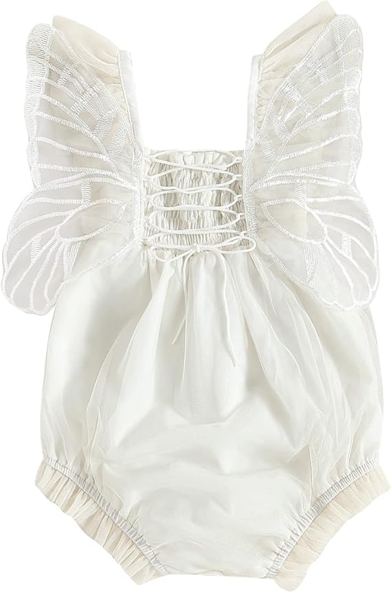 Baby Girl Butterfly Wings Short Sleeve Romper Dress Lace Tulle Tutu Dress Bodysuit Jumpsuit Birthday Summer Outfits