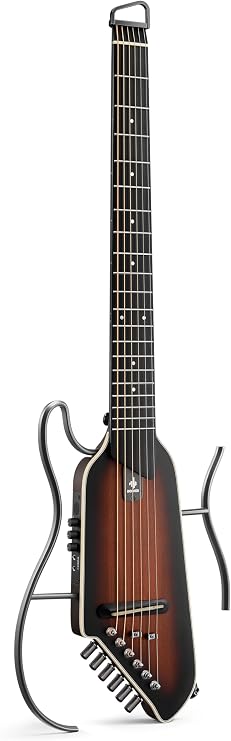 Donner HUSH I EVO2 Acoustic Electric Travel Guitar (Sunburst) | Portable Headless Quiet Practice Guitar, Ultra-Light, Mahogany Body with Built-in Tuner, Detachable Stands & Headphone Jack