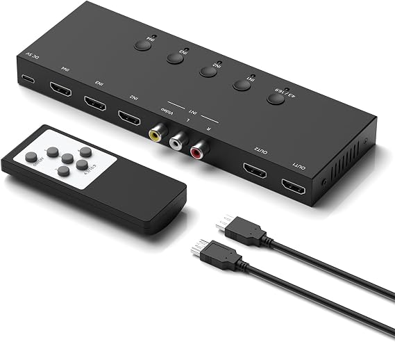ZUZONG (3 Ports HDMI 2.0 + 1 RCA to 2 HDMI Converter (2 Outputs Can Simultaneous Display) Switcher Splitter Support 4:3/16:9 Switching for N64 NGC Wii Xbox PS2/3/4/5 Switch Apple TV Fire TV Roku