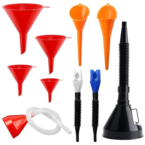 10Pcs Automotive Funnels Set,Funnel for Car,Right Angle Flexible Plastic Funnel Set with Filter and Detachable Hose,Wide Mouth Fuel Funnels and Long Mouth Funnels for Water/Gasoline/Coolant/Engine Oil