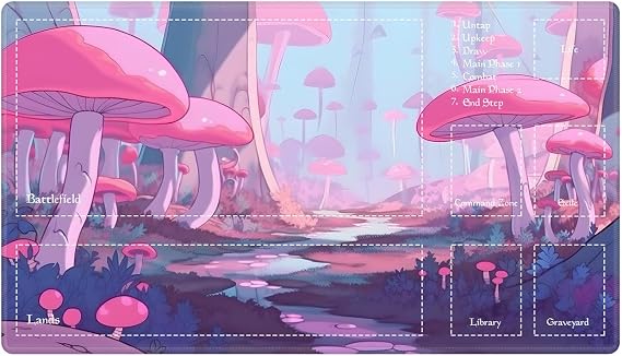 Playmat with Zones for MTG Card Game Playing, Game Mats Tabletop Magic Play Mats 24x14 Commander Deck Gaming Desk Duel Mat Card Gameplay Mats for Beginner, Anime Pink Mushroom Forest
