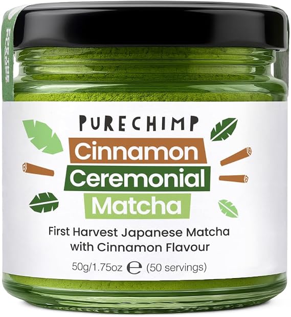PureChimp Ceremonial Grade Matcha Powder Cinnamon 50g, Green Tea for Lattes | 100% pure green tea with cinnamon, shade-grown, for matcha lattes, teas and recipes, recyclable glass jar