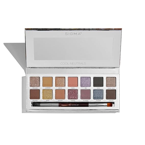Sigma Beauty Cool Neutrals Eyeshadow Palette, 14 Shades, Dual-Ended Brush