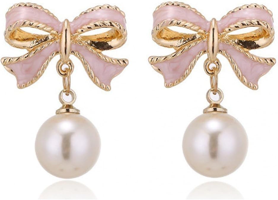 Bow Earrings for Women Gold Pearl Bow Drop Dangle Earrings Bowknot Hoop Earrings Trendy Tassel Pearl Stud Earrings Christmas Day Jewelry for Women
