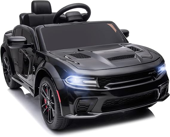 Electric Car for Kids,Licensed Dodge Charger SRT Hellcat Ride on Car,3.1mph Max Speed,12V 7A Kids Electric Vehicle with Remote Control,Music,LED Light,Bluetooth (Black)