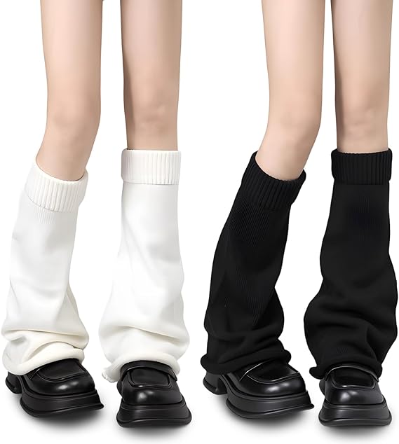 2 Pairs Long Knitted Leg Warmers 80s Y2K, Soft Stretchy Warm for Women Girls Ladies,Retro 8090s Punk Style Christmas Knee High Stockings Boots Cuff, UK Womens Leg Warmers