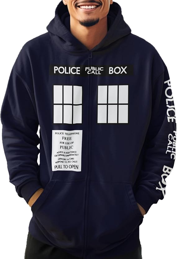 Ripple Junction Doctor Who Mens Full Zip-Up Hooded Sweatshirt Tardis Police Public Call Box Pull to Open Officially Licensed