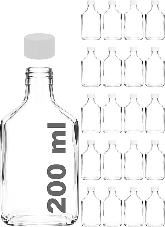 Afracam 200 ml Yassı Şeffaf Cold Brew Şişesi Beyaz Plastik Kapaklı 200 cc Soğuk Kahve Cam Şişe 20 Adet