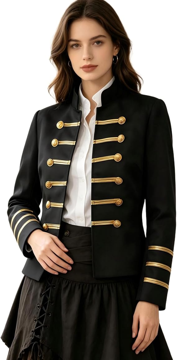 BIUTEY Women's Military Band Blazer Victorian Steampunk Military Drummer Jacket Gold Double Breasted Stand Collar Costume