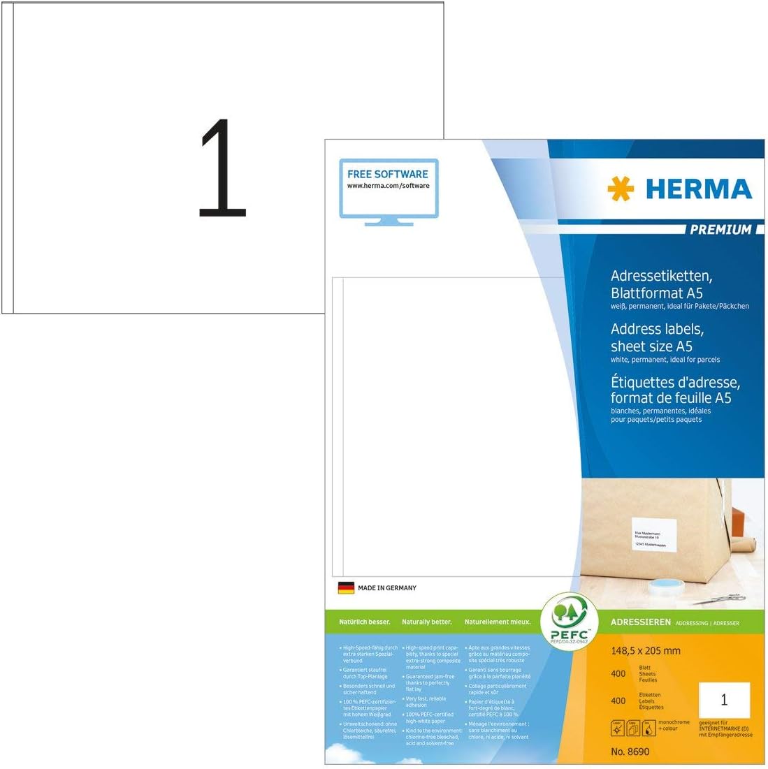 HERMA Self Adhesive Multipurpose Labels - 400 Sheets, A5 Size, White Blank Stickers for Laser & Inkjet Printers