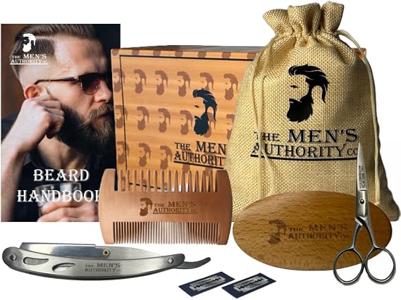 M. A. C. Beard Kit for Men, Beard Grooming Kit Including Boar Brush, Trimming Scissor Beard Comb and Straight Edge Safety Razor & Blades-Ideal Beard Care Kit with Wooden Gift Box