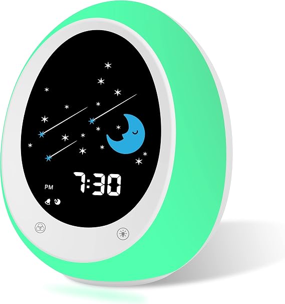 Kids Alarm Clock, Toddler Sleep Training Clock with Sun & Moon, Sound Machine, Night Light, Time to Wake Grow Clock for Children
