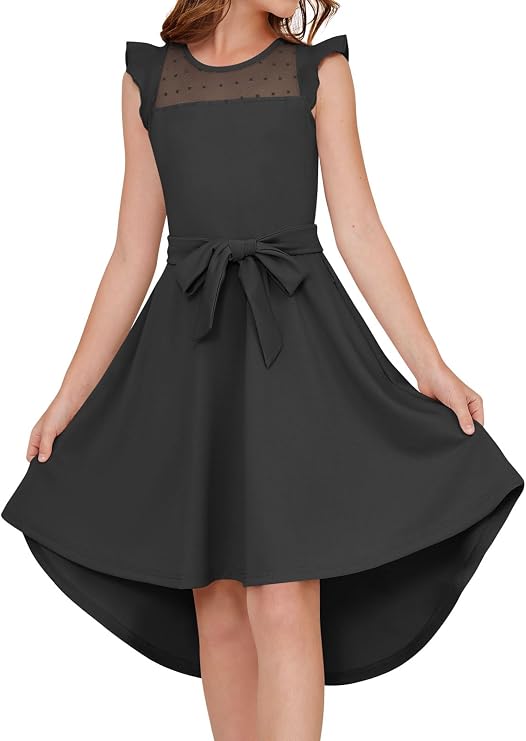 Girls Dresses Summer Ruffle Sleeve Mesh Casual Dresses 5-14 Years | High Low Hem, Removable Belt, with Pockets, Mesh Polka Dot, A-Line, Semi Formal, Party, Graduation, Special Occasion