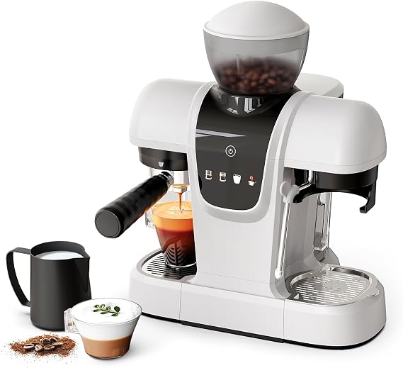 20 Bar Espresso Machine with Grinder & Steam Wand - Semi Automatic Coffee Maker, NTC Intelligent Temp Control, 58mm Stainless Steel Portafilter, One-Touch Panel for Home Barista (Removable Water Tank)