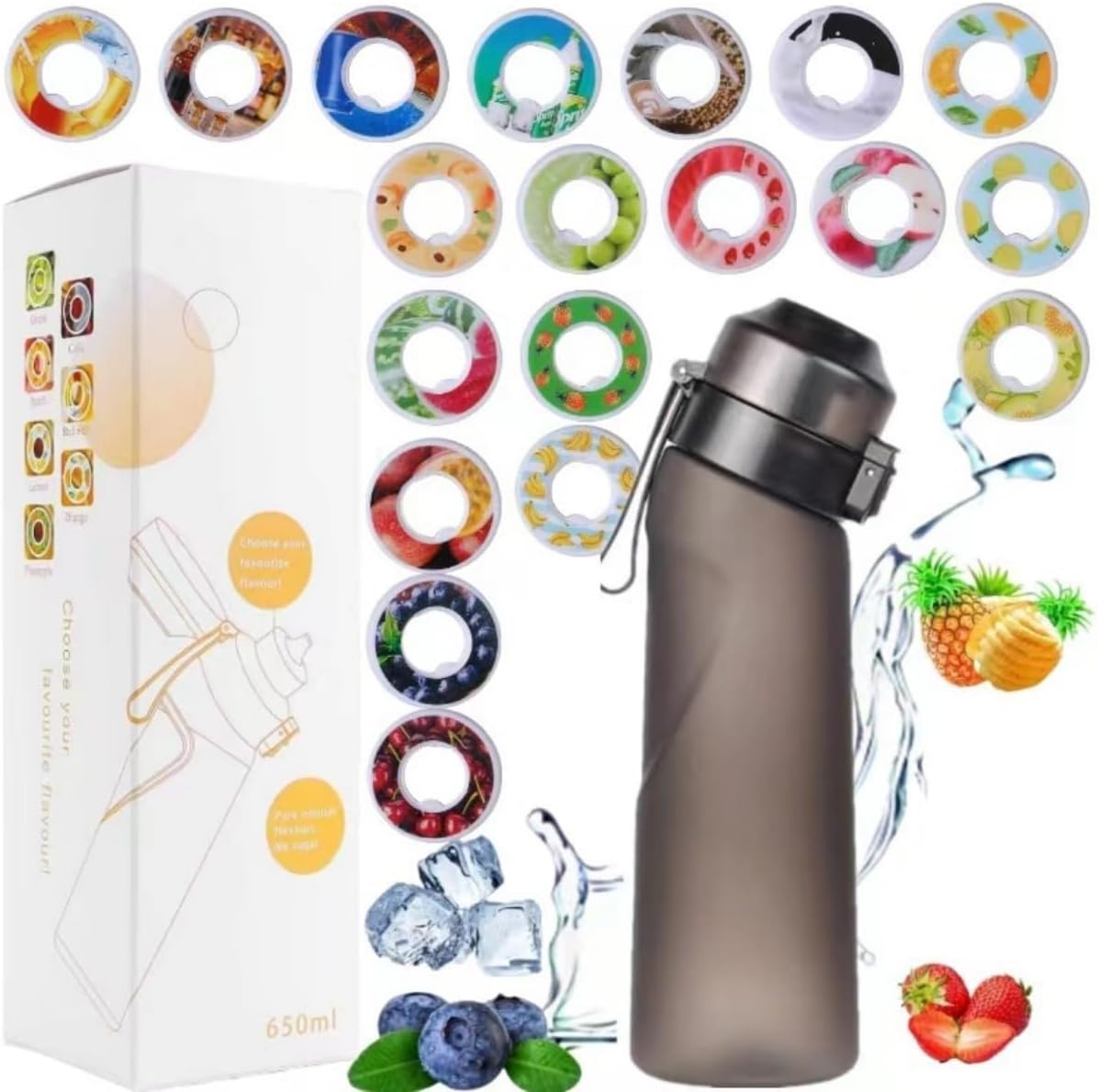 650ml Fruit Fragrance Water Bottle, Gradient Color Air Water Bottle with 19 Flavor Pods, BPA Free Sports Air Water Up Bottle, Sugar 0 Calories, Sports for Fitness Yoga Outdoor E