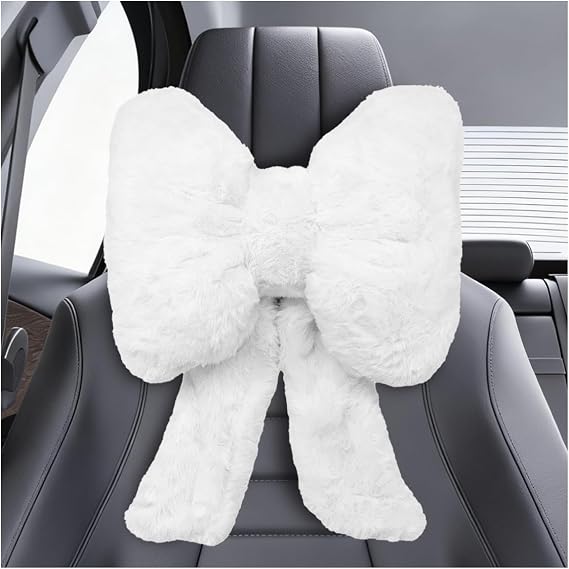 Bow Car Headrest Pillow, Plush Soft Comfortable Warm Car Neck Pillow with Adjustable Strap, Universal Breathable Ergonomic Vehicle Interior Neck Support Cushion for Fatigue Relief(White)
